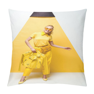 Personality  Cheerful Blonde Girl In Sunglasses Holding Hanger With Jacket On White And Yellow  Pillow Covers