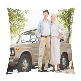 Personality  Bottom View Of Senior Couple Standing Near Beige Vintage Car And Looking At Camera  Pillow Covers
