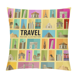 Personality  Travel. Set Of Elements - Italy, USA, America, New York, Russia, Moscow, Paris, France, Thailand, China, Japan, India, Germany, London, England, Egypt, Mexico Pillow Covers