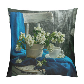 Personality  Jasmine Flowers In A White Vase. Stillife With Jasmine And Cup Of Coffee. Pillow Covers