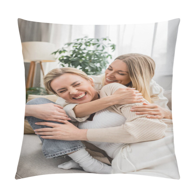 Personality  Two Attractive Lovely Sisters On Sofa Laughing And Hugging Warmly, Togetherness, Family Bonding Pillow Covers