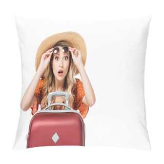 Personality  Shocked Beautiful Girl Holding Sunglasses And Sitting Near Travel Bag Isolated On White  Pillow Covers