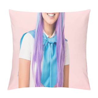 Personality Cropped View Of Laughing Anime Girl In Wig Isolated On Pink Pillow Covers