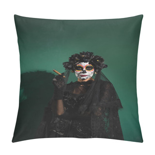 Personality  Woman In Santa Muerte Halloween Costume Holding Cigar On Green Background  Pillow Covers