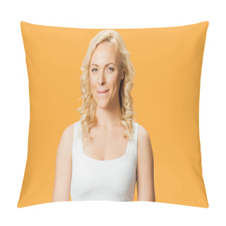 Personality  Attractive Blonde Woman Biting Lips While Standing Isolated On Orange  Pillow Covers