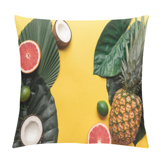 Personality  Top View Of Ripe Organic Exotic Fruits On Yellow Background With Green Leaves  Pillow Covers