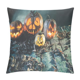 Personality  Halloween Pumpkins At Wood Background. Carved Scary Faces Of Pumpkin. Pillow Covers
