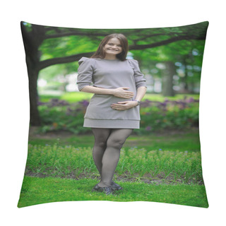 Personality  A Beautiful Pregnant Girl Outdoors In Summer. Pillow Covers