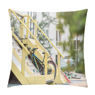 Personality  Selective Focus Of Playground, Bike And Building On Background  Pillow Covers
