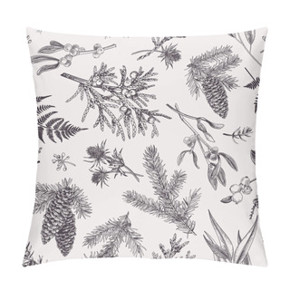 Personality  Christmas Seamless Pattern In Engraving Style. Vintage. Botanical Background With Coniferous Plants, Ferns And Berries. Vector Illustration. Black And White. Pillow Covers