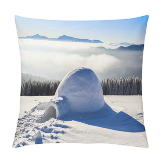 Personality  Marvelous Huge White Snowy Hut, Igloo  The House Of Isolated Tourist Is Standing On High Mountain Far Away From The Human Eye. Pillow Covers