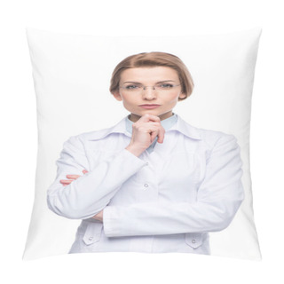Personality  Young Smiling Female Doctor Wearing Glasses With Hand On Chin Isolated On White Pillow Covers