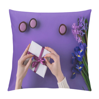 Personality  Cropped Image Of Girl Opening Present Box On Purple Pillow Covers