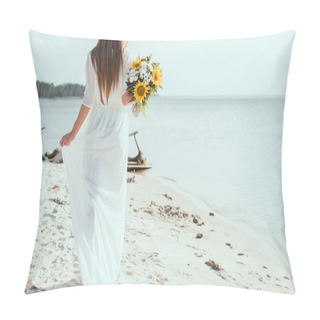 Personality  Rear View Of Woman In White Dress Holding Bouquet With Sunflowers On Beach Pillow Covers