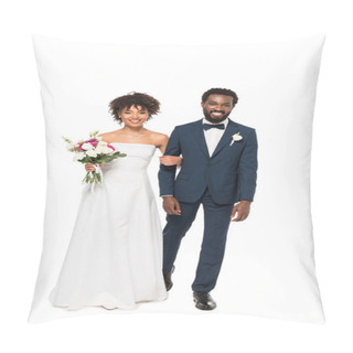 Personality  Happy African American Bride Holding Flowers Near Bearded Bridegroom Isolated On White Pillow Covers