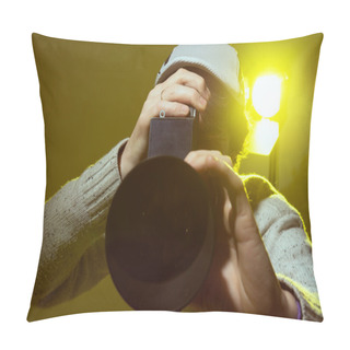 Personality  Man With Retro Camera. Cinema Operator Pillow Covers