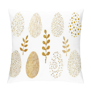 Personality  Easter Set With Golden Willow Twigs And Patterned Eggs. Hand Graphic Illustration Isolated On White Background. Design For Holiday Products, Template, Greetings, Cover. Pillow Covers