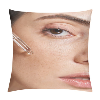 Personality  A Close-up Of A Young Caucasian Woman With Clean Skin Applying Serum With Cosmetic Pipette Pillow Covers