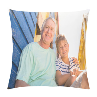 Personality  Grandfather And Boy Sitting At Beach Hut Pillow Covers