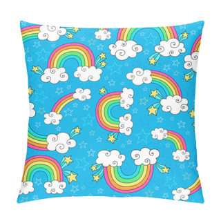 Personality  Rainbows Sky And Clouds Seamless Pattern- Groovy Notebook Doodles Hand-Drawn Vector Illustration Background Pillow Covers