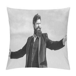 Personality  Man Bearded Proud Himself Sky Background. Superiority And Power. Feeling Undefeated. Proud Of Himself. Self Proud And Narcissistic. Hipster Bearded Attractive Enjoy Freedom. Guy Enjoy Top Achievement Pillow Covers