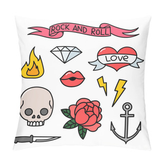 Personality  Trendy Sticker Pack With Rose, Heart, Lips, Skull, Fire, Lightning, Crystal, Anchor, Knife, Ribbon With The Inscription Rock And Roll. Pillow Covers