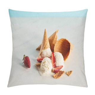 Personality  Waffle Cones And Delicious Melting Ice Cream With Strawberries On Grey Table Pillow Covers