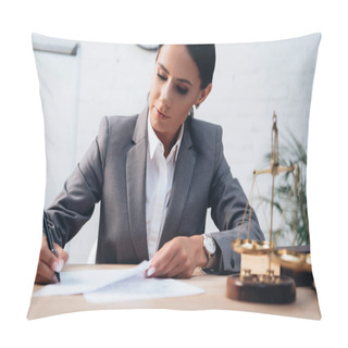 Personality  Selective Focus Of Brunette Lawyer In Formal Wear Signing Insurance Documents In Office Pillow Covers
