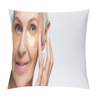 Personality  Happy Senior Woman Applying Collagen Eye Patches Isolated On Grey, Banner Pillow Covers