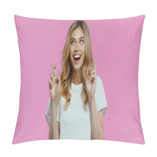 Personality  Blonde Woman With Crossed Fingers Looking Away Isolated On Pink Pillow Covers
