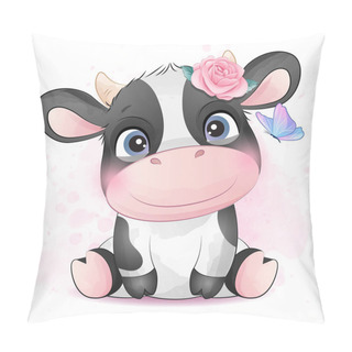 Personality  Cute Little Cow With Watercolor Illustration Pillow Covers