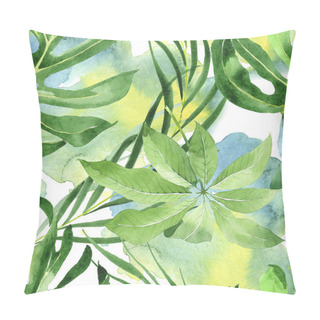 Personality Exotic Tropical Hawaiian Green Palm Leaves. Watercolor Background Set. Seamless Background Pattern. Pillow Covers