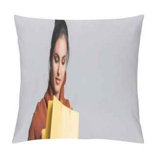 Personality  Young Woman In Sweater Looking At Yellow Shopping Bag Isolated On Grey, Banner Pillow Covers