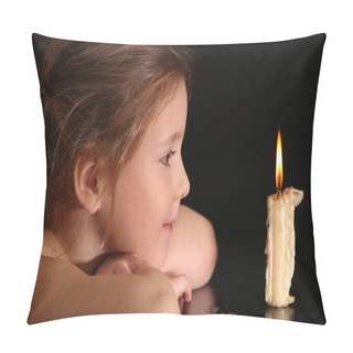 Personality  Portrait Of A Girl 4-5-6 Years, Looking At The Burning Candle Isolated On Black Background. Pillow Covers