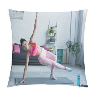 Personality  Sportive Woman Standing In One Legged Side Plank Pose With Raised Hand Pillow Covers