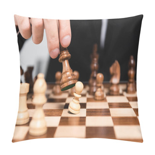 Personality  Cropped View Of Businessman Holding Chess Figure Above Chessboard  Pillow Covers