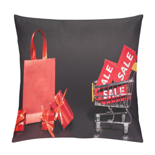 Personality  Shopping Bag And Gifts Near Toy Cart With Sale Tags On Dark Background, Black Friday Concept  Pillow Covers