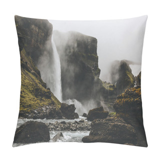 Personality  Beautiful Icelandic Landscape With Haifoss Waterfall On Misty Day Pillow Covers