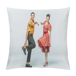 Personality  Stylish Dancers Looking At Camera While Dancing Boogie-woogie On Grey Background Pillow Covers