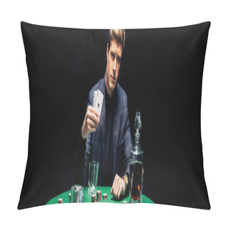 Personality  KYIV, UKRAINE - AUGUST 20, 2019: Panoramic Shot Of Handsome Man Holding Playing Cards Near Alcohol Drink Isolated On Black  Pillow Covers