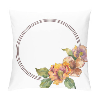 Personality  Isolated Orange Camellia Flowers With Green Flowers. Watercolor Illustration Set. Frame Border Round Ornament With Copy Space. Pillow Covers