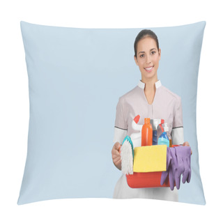 Personality  Chambermaid Holding Cleaning Supplies  Pillow Covers