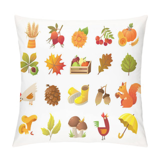 Personality  Collection Of Cute Autumn Seasonal Images About Harvest And Nature. Plants Flowers And Animals Icons. Set Of Isolated Vector Elements. Pillow Covers