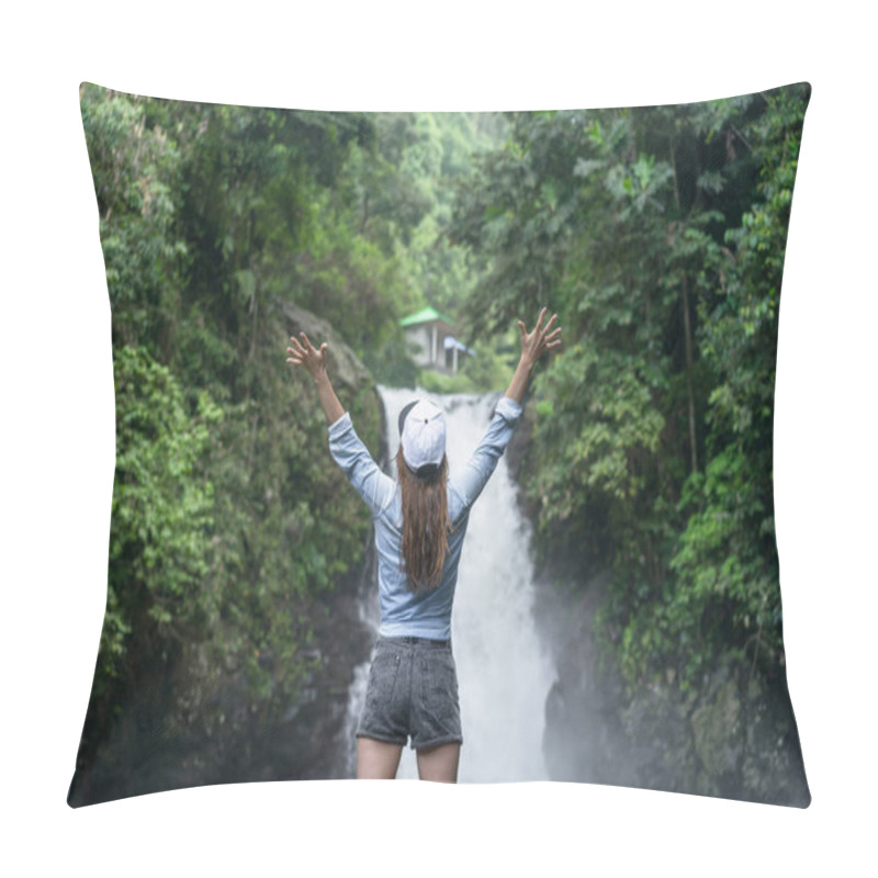 Personality  Back View Of Woman With Outstretched Arms With Aling-Aling Waterfall On Background, Bali, Indonesia Pillow Covers