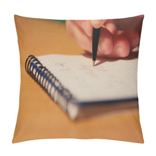Personality  Close Up View Of Man Holding Pen And Writing On Notepad Pillow Covers