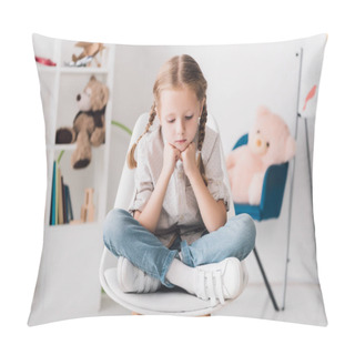 Personality  Lonely Little Child Sitting On Chair In Front Of Shelves With Toys And Looking Down Pillow Covers