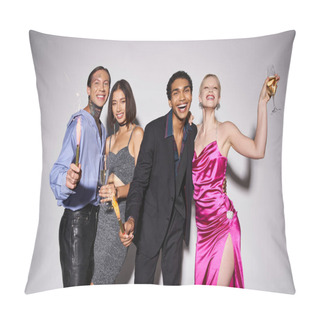 Personality  Group Of Happy Interracial Friends Holding Champagne And Sparkles While Celebrating New Year 2024 Pillow Covers
