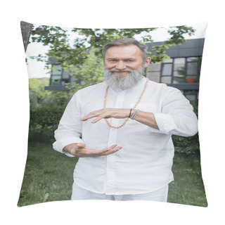 Personality  Smiling Guru Man In White Shirt Showing Energy Gesture While Meditating Outdoors Pillow Covers