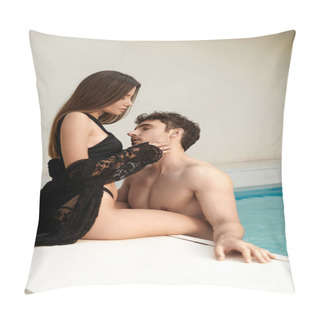 Personality  Sexy Couple, Pretty Woman In Swimsuit And Black Beach Wear Seducing Shirtless Man In Swimming Pool Pillow Covers
