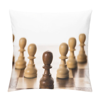 Personality  Selective Focus Of Brown Pawn Among Another On Chessboard Isolated On White Pillow Covers